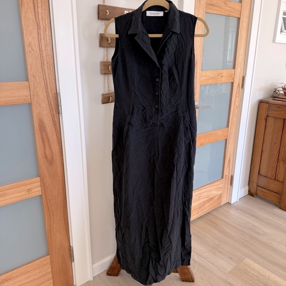 Emanuel Ungaro 100% Silk Dark Navy Sleeveless Collar Shirt Maxi Dress WMs 6 EUC